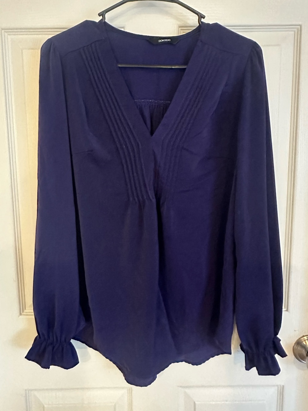 Navy Pintuck V-Neck Long Sleeve Blouse